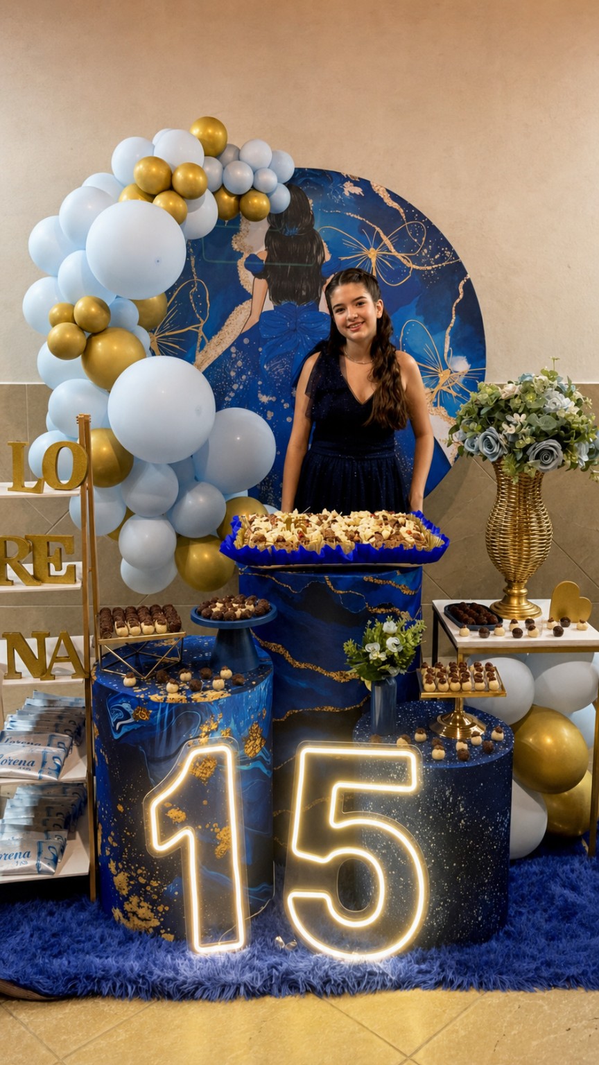 Debutante em vestido azul diante de uma decoração azul e dourada